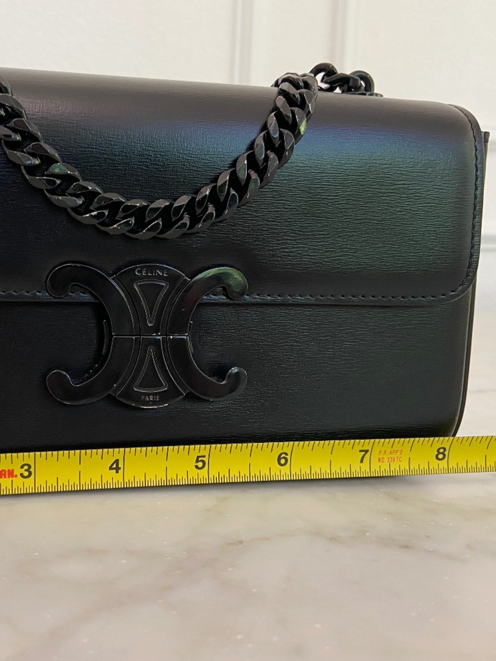 Auth Celine Leather Black on Black Triomphe Bag Chain Strap Black Metal Hardware - Picture 12 of 17
